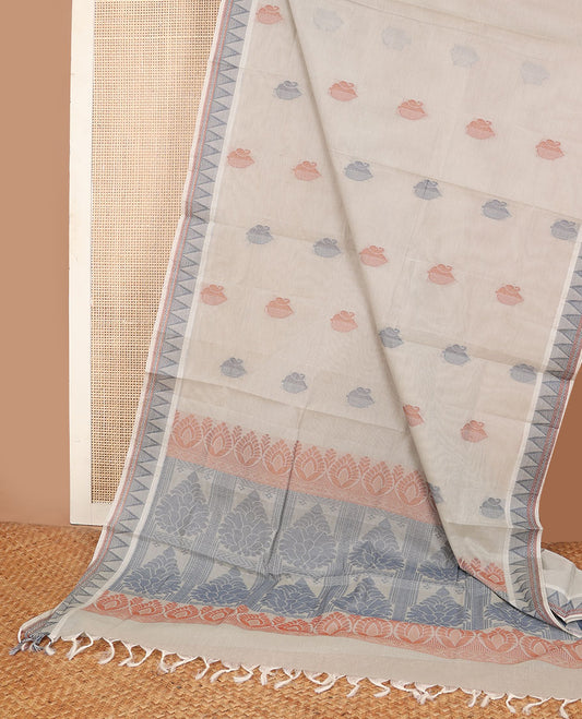 Grey buttas Combatiore cotton saree, temple design border & intricately designed pallu