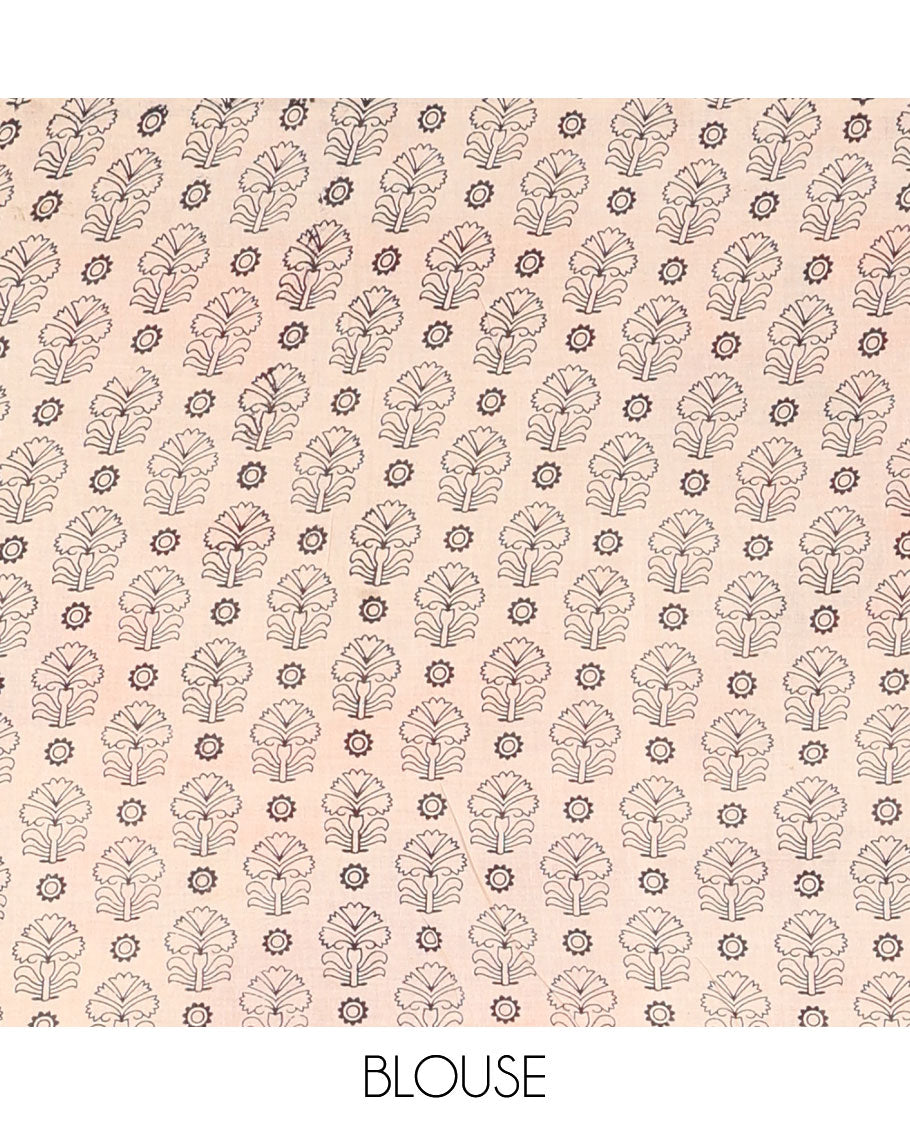 Orange ancient human motifs machine-printed kalamkari cotton saree, peacock printed border & pallu of Pichwai cow & Radha Krishna print