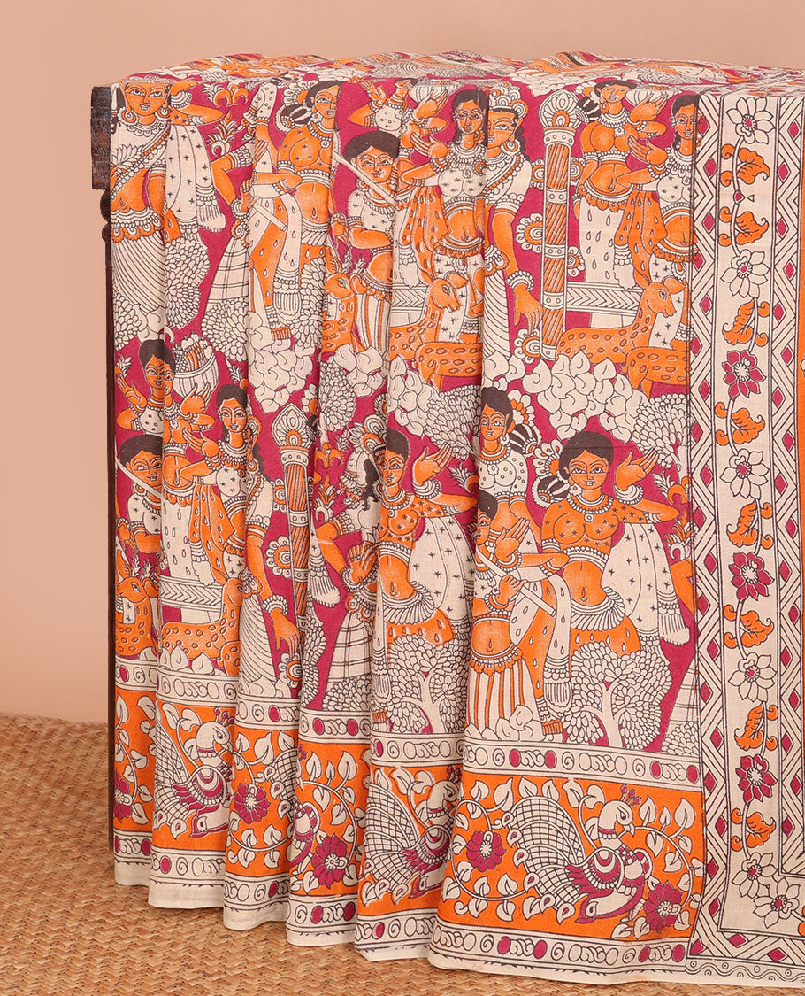 Orange ancient human motifs machine-printed kalamkari cotton saree, peacock printed border & pallu of Pichwai cow & Radha Krishna print