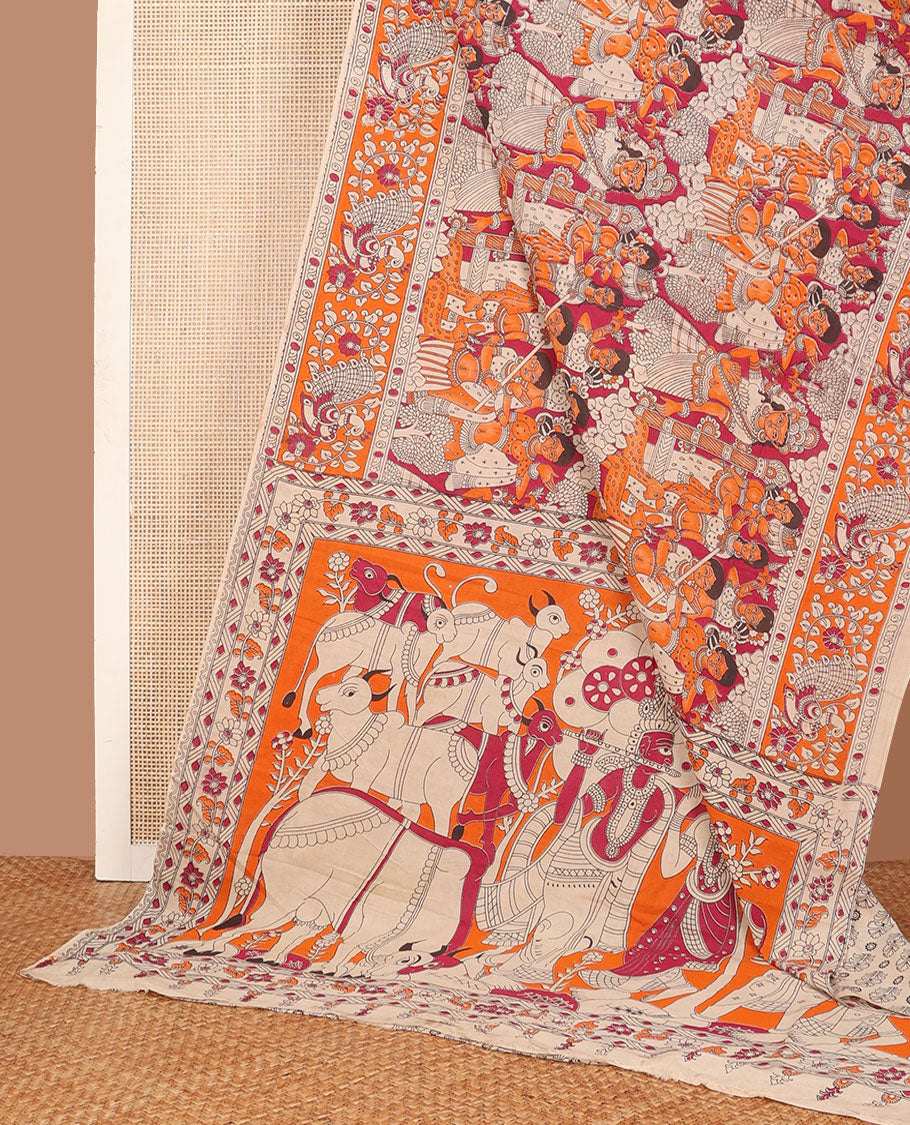 Orange ancient human motifs machine-printed kalamkari cotton saree, peacock printed border & pallu of Pichwai cow & Radha Krishna print