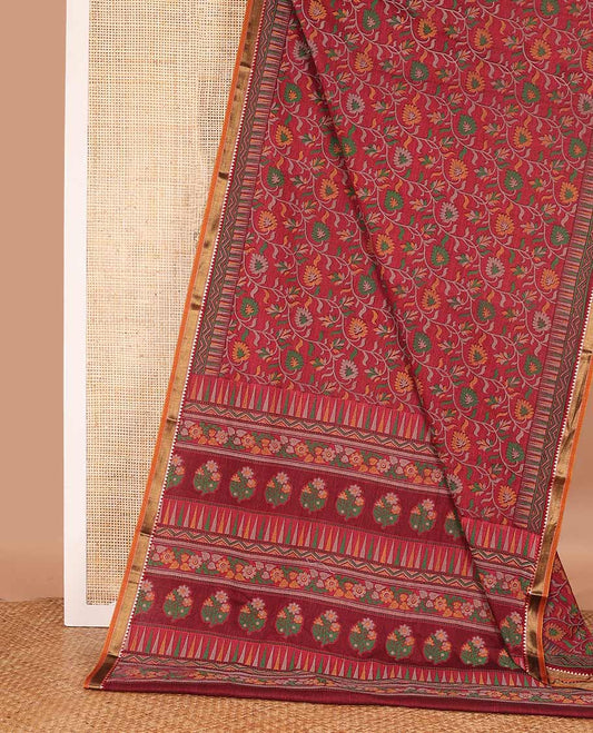Red floral vine printed mul mul cotton saree, contrast temple border, and pallu of floral print