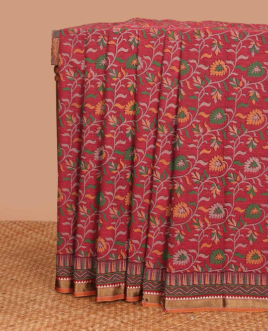 Red floral vine printed mul mul cotton saree, contrast temple border, and pallu of floral print