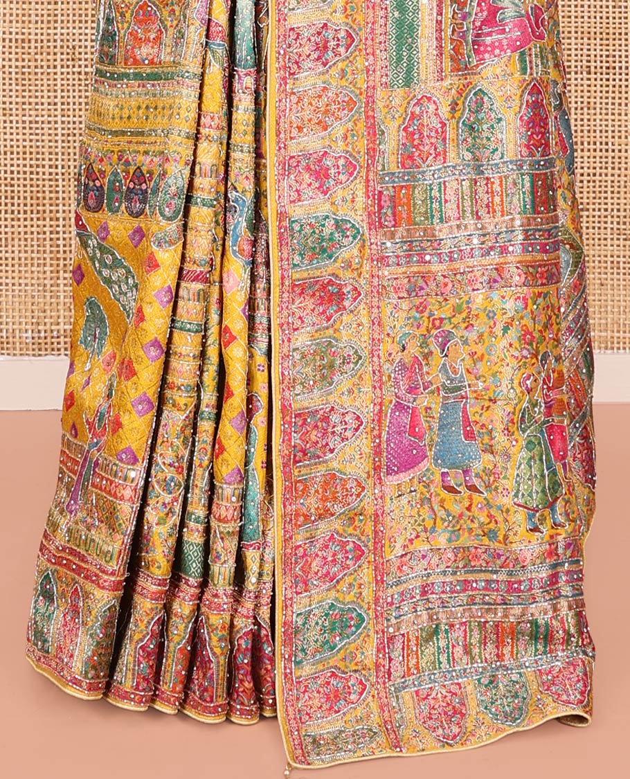 Yellow Dola Silk Saree, Beautifully Bedecked with Colorful Intricate Mughal-Style Design on Its Body, Complemented by Contrast Mughal-Style Border, Pallu of Mughal-Style Design, and Paired with a Matching Blouse