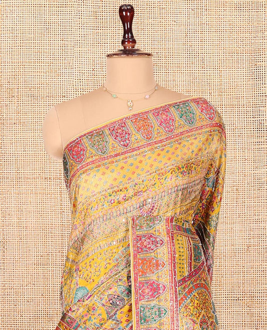 Yellow Dola Silk Saree, Beautifully Bedecked with Colorful Intricate Mughal-Style Design on Its Body, Complemented by Contrast Mughal-Style Border, Pallu of Mughal-Style Design, and Paired with a Matching Blouse