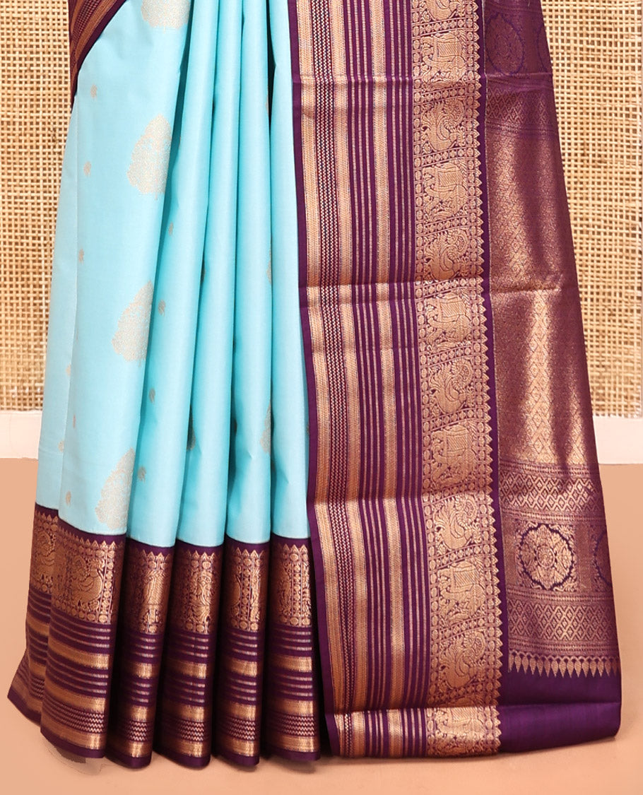 Sky Blue-Purple Budget Silk Saree Features Buttas, Contrast Elephant Border, Pallu, Contrast Blouse
