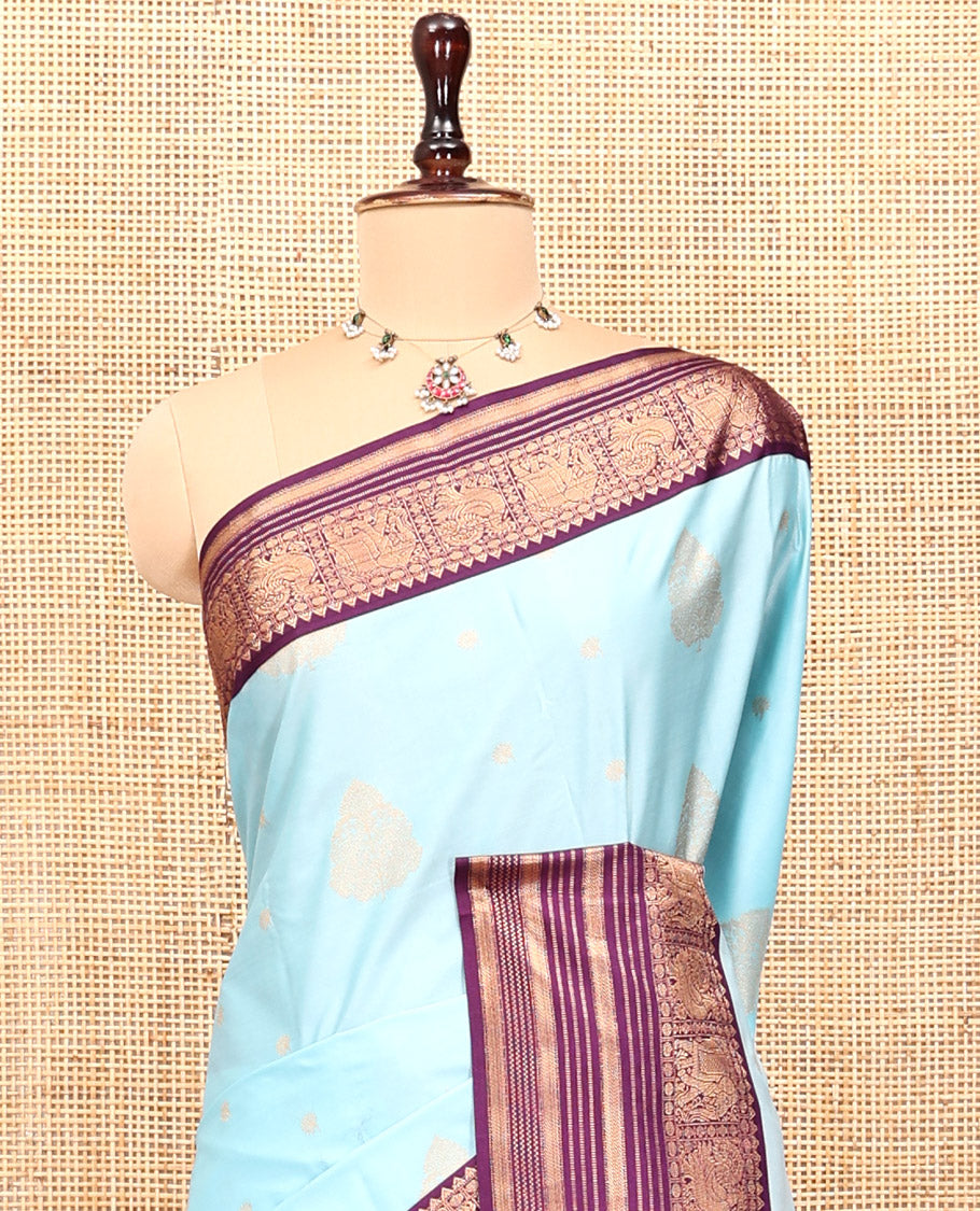 Sky Blue-Purple Budget Silk Saree Features Buttas, Contrast Elephant Border, Pallu, Contrast Blouse