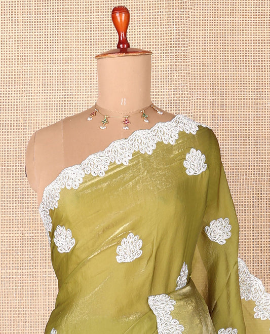 Green stone embroidered motifs designer saree, stone embroidered border