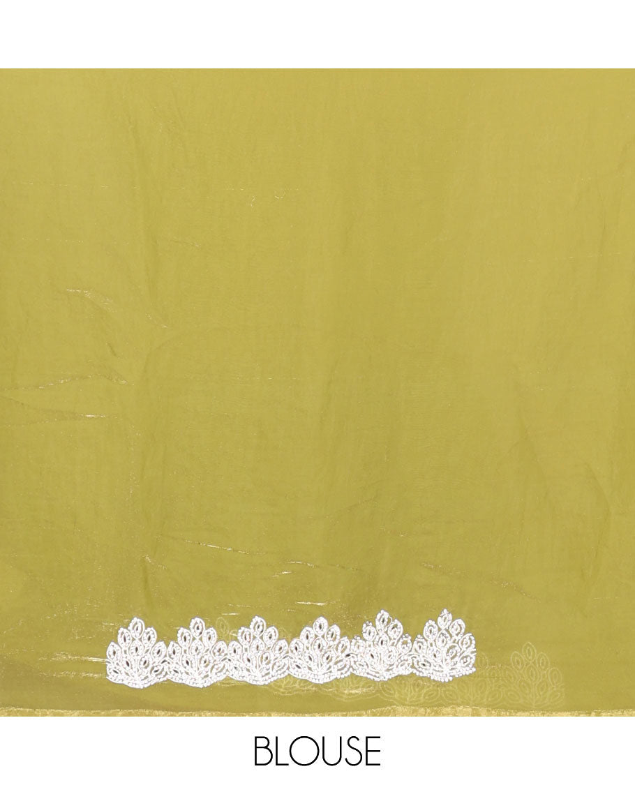 Green stone embroidered motifs designer saree, stone embroidered border