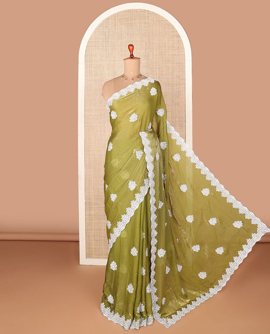 Green stone embroidered motifs designer saree, stone embroidered border