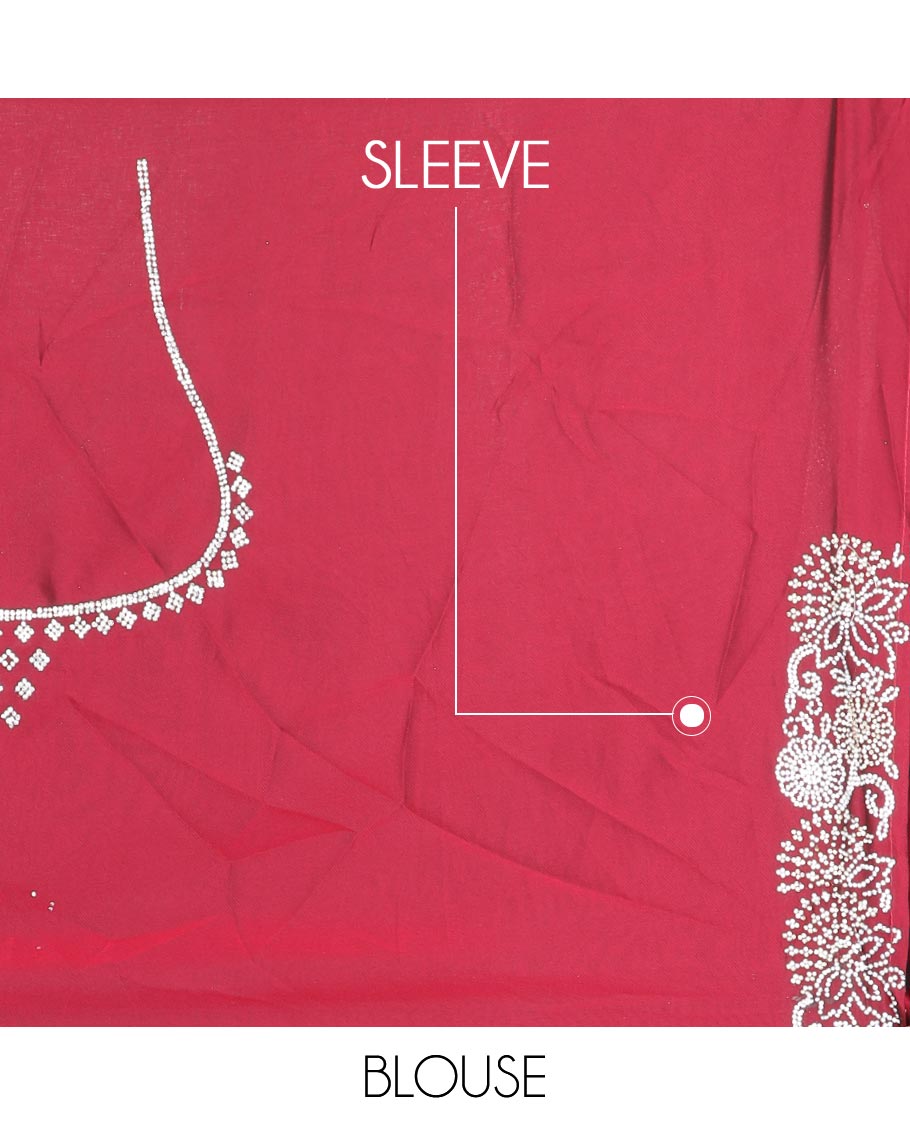Red floral-vine Swarovski stone embroidery designer saree, scallop Swarovski stone embroidery border