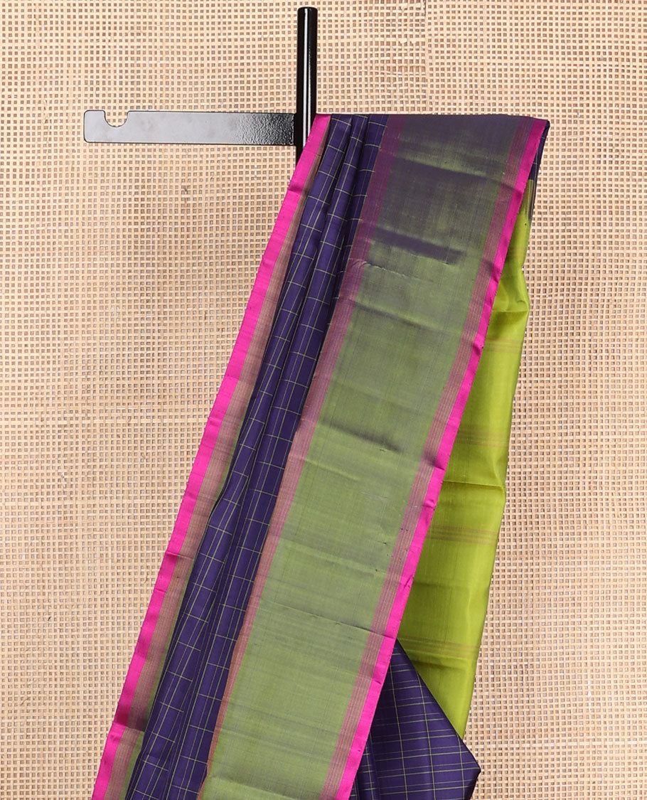 Blue checked design Kanchipuram silksaree, contrast plain border & pallu of stripes