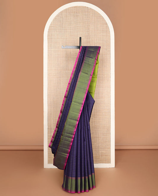 Blue checked design Kanchipuram silksaree, contrast plain border & pallu of stripes