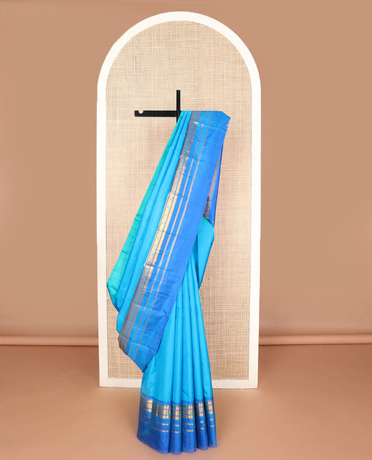 Blue plain design silk saree, contrast border of kuyil kann,muthu,neli & jada nagam designs & zari design pallu