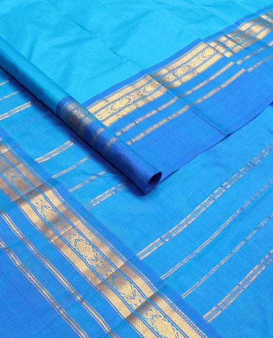 Blue plain design silk saree, contrast border of kuyil kann,muthu,neli & jada nagam designs & zari design pallu