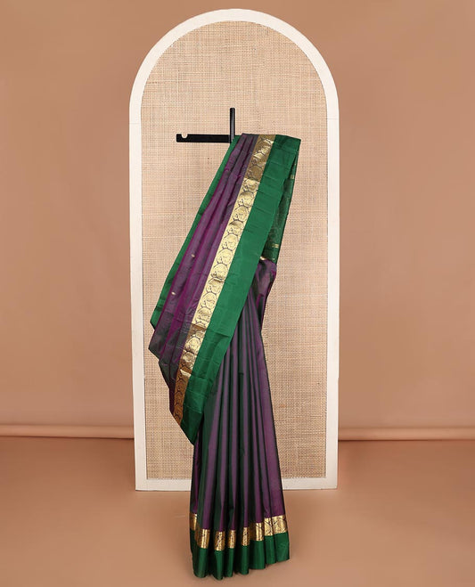 Purple zari buttas Kanchipuram silk saree, contrast border of mayil butta enclosed manga designs, and zari design pallu