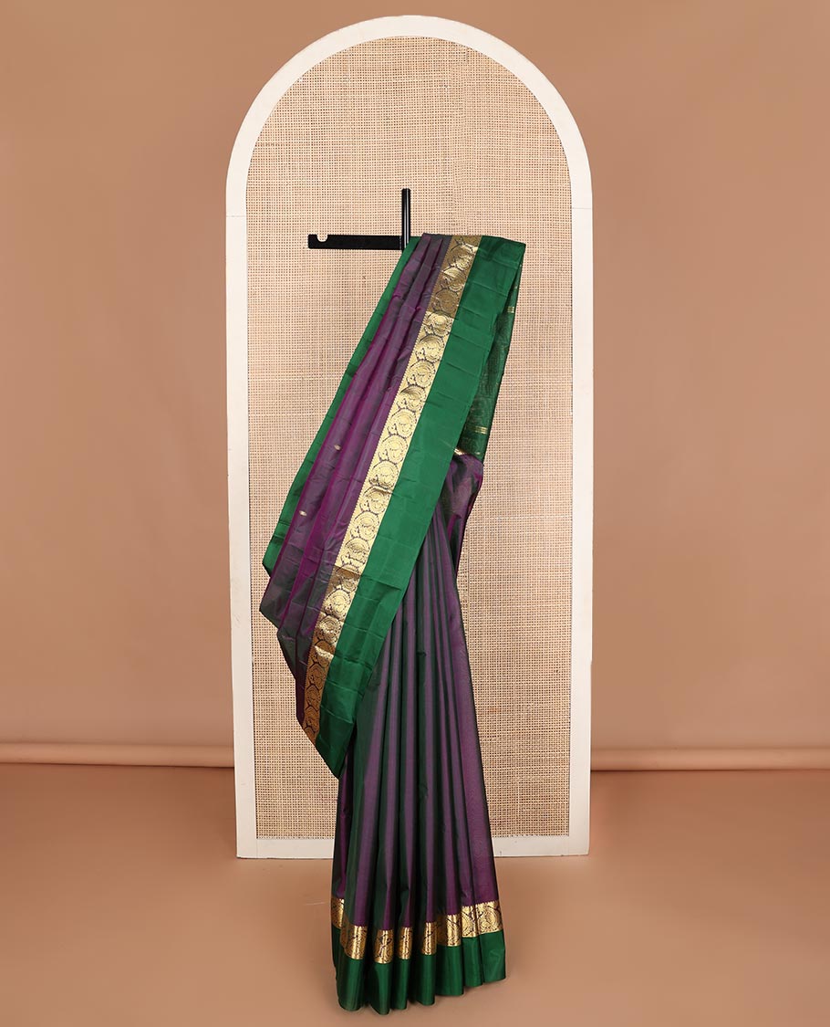 Purple zari buttas Kanchipuram silk saree, contrast border of mayil butta enclosed manga designs, and zari design pallu