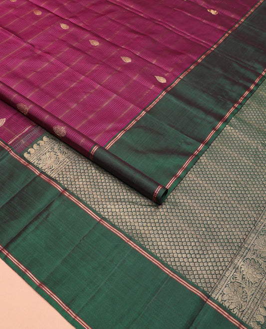 Purple zari striped, and buttas Kanchipuram silk saree, contrast bodi border, and pallu of intricate designs
