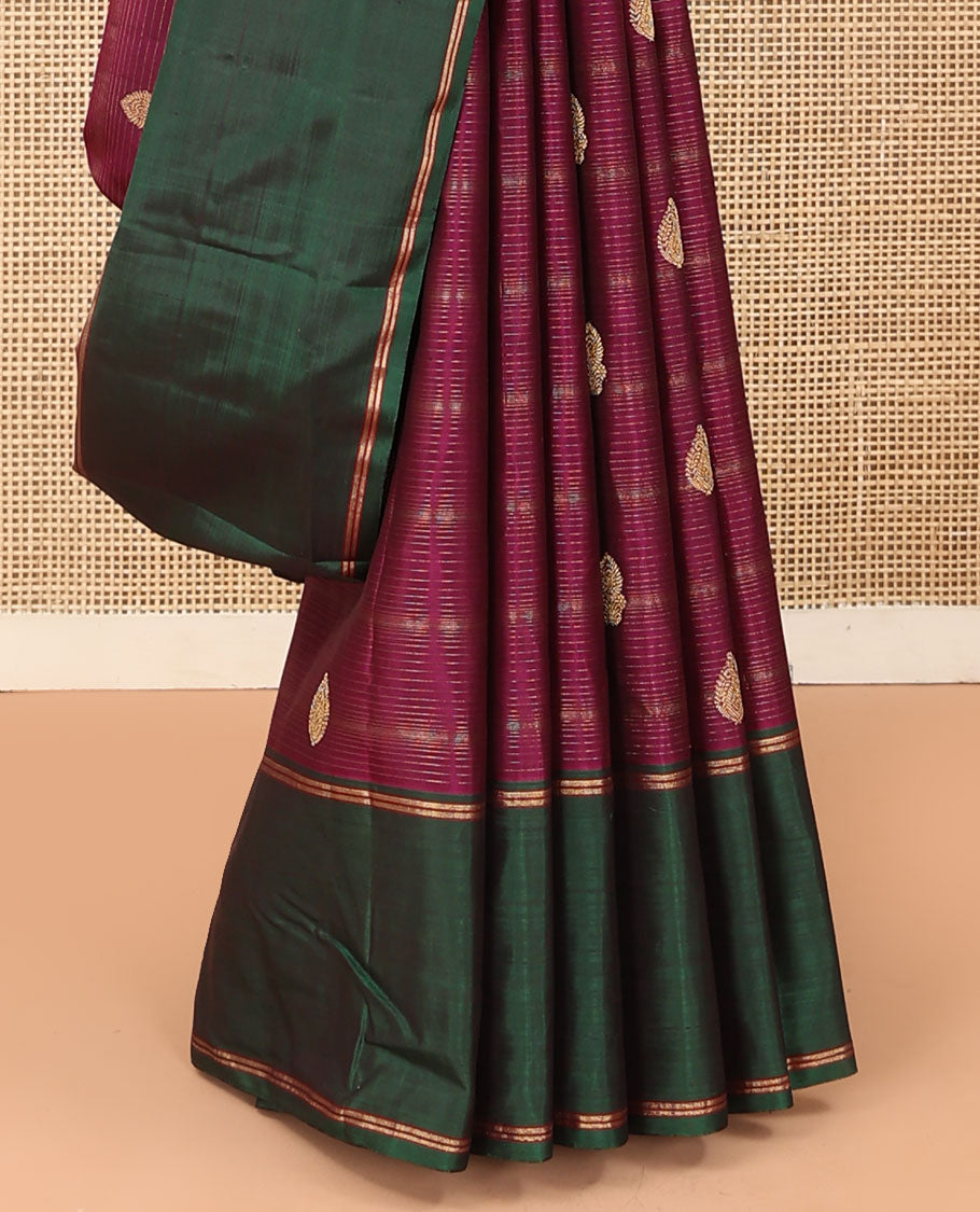 Purple zari striped, and buttas Kanchipuram silk saree, contrast bodi border, and pallu of intricate designs