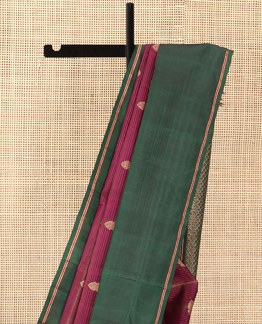 Purple zari striped, and buttas Kanchipuram silk saree, contrast bodi border, and pallu of intricate designs