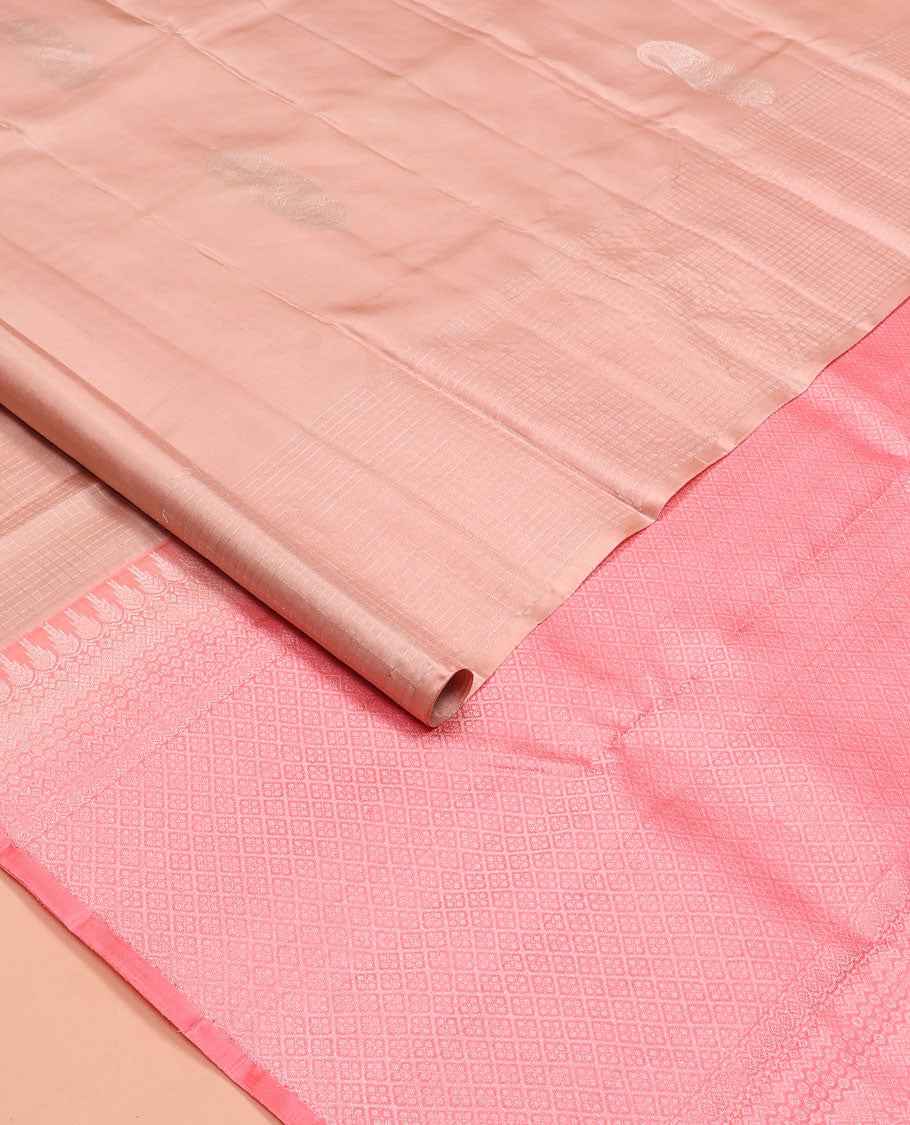 Peach manga buttas and zari checked Kanchipuram silk saree, contrast pallu of thazampoo rekku, diamond, rudraksham, and jaal designs