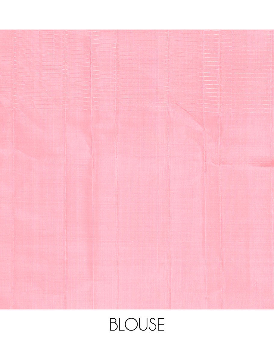 Peach manga buttas and zari checked Kanchipuram silk saree, contrast pallu of thazampoo rekku, diamond, rudraksham, and jaal designs