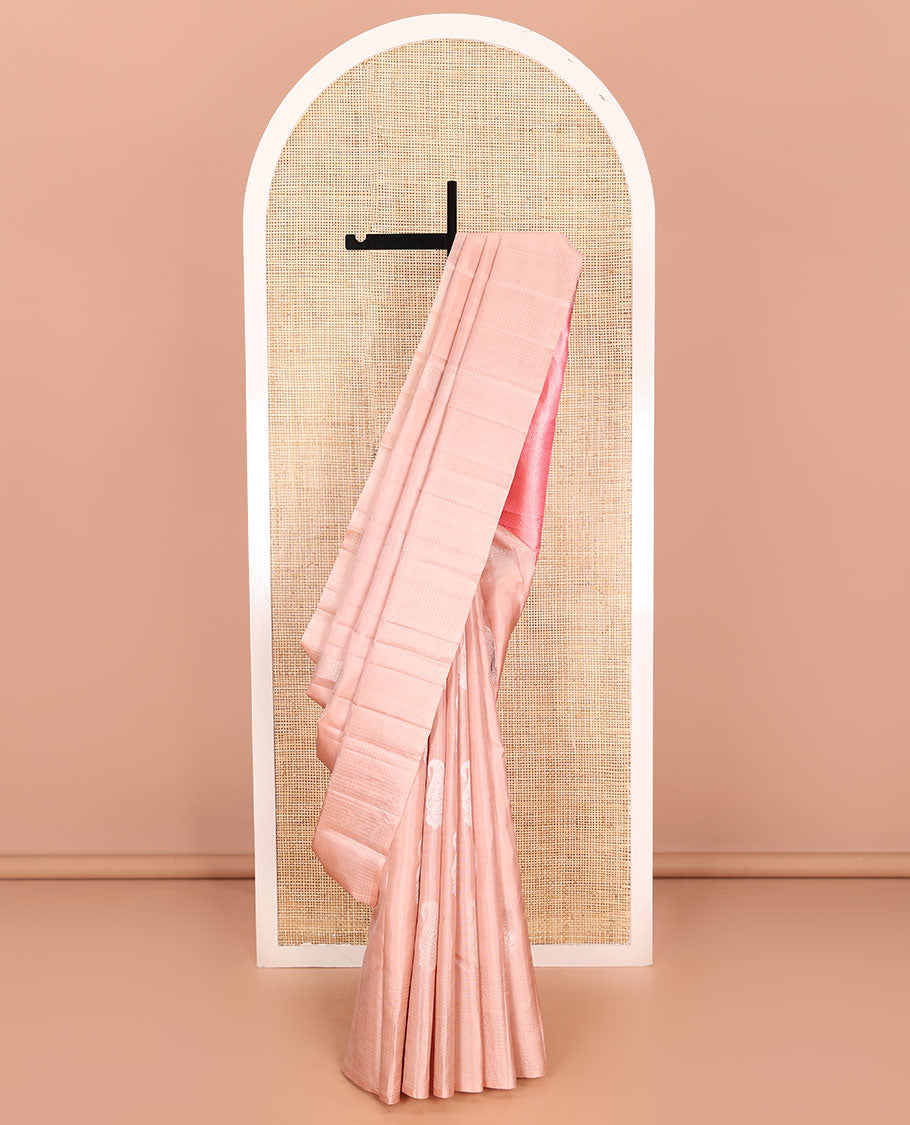 Peach manga buttas and zari checked Kanchipuram silk saree, contrast pallu of thazampoo rekku, diamond, rudraksham, and jaal designs