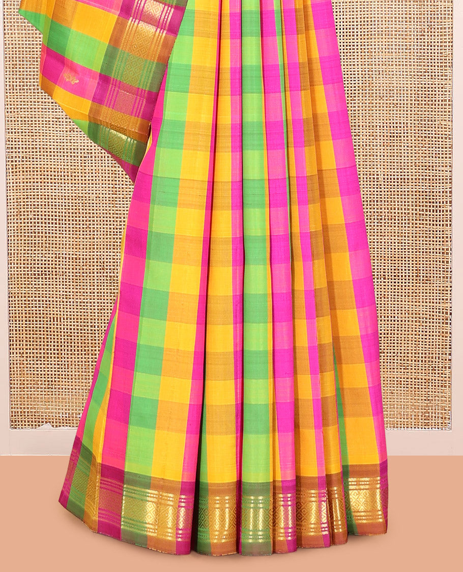 Multi-Color Palum Pazhamum Checked Kanchipuram Silk Saree, a Zari Border of Banaras, Muthu, and Mayil Kann Design, Pallu of Zari Design, and No Blouse