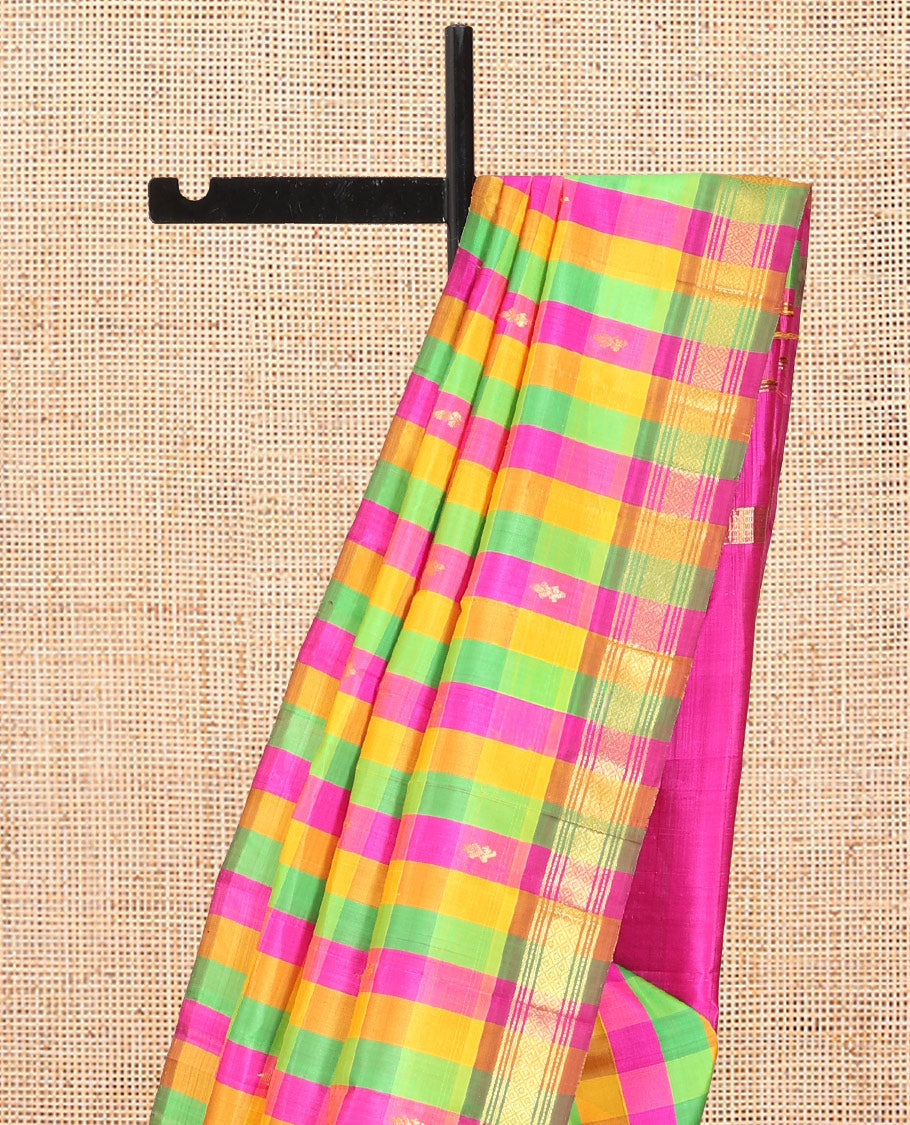 Multi-Color Palum Pazhamum Checked Kanchipuram Silk Saree, a Zari Border of Banaras, Muthu, and Mayil Kann Design, Pallu of Zari Design, and No Blouse