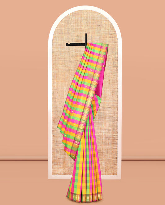 Multi-Color Palum Pazhamum Checked Kanchipuram Silk Saree, a Zari Border of Banaras, Muthu, and Mayil Kann Design, Pallu of Zari Design, and No Blouse