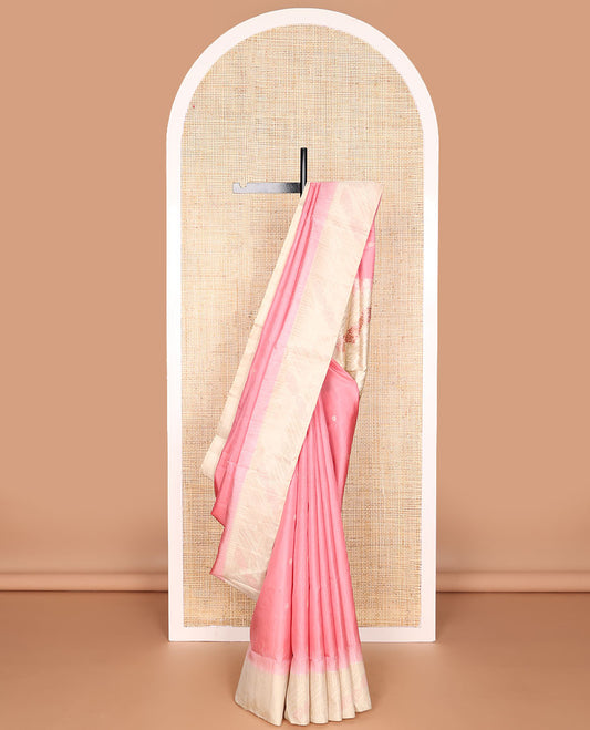 Pink motifs mayuri soft silk saree with contrast floral design border & bandhani style floral design pallu