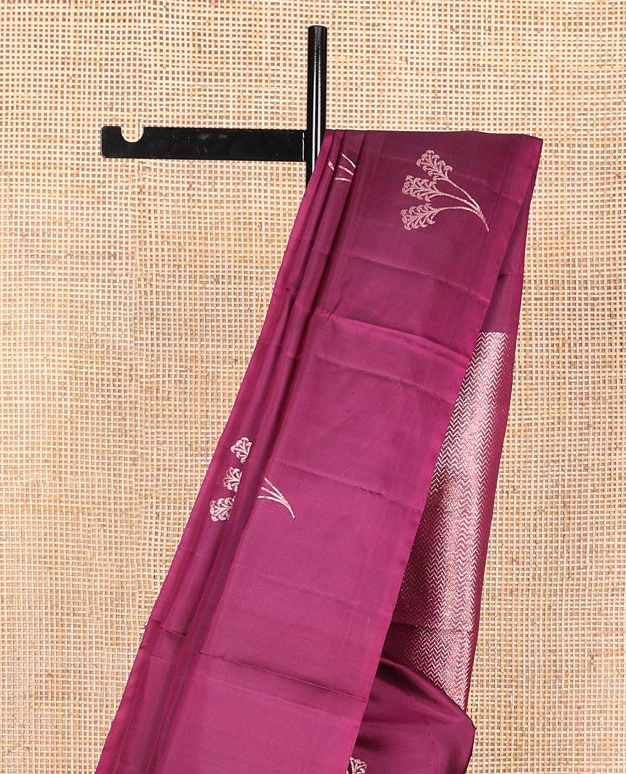 Borderless purple floral buttas soft silk saree, gleaming zari pallu of vanki designs