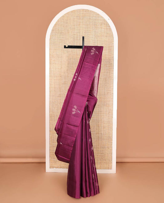 Borderless purple floral buttas soft silk saree, gleaming zari pallu of vanki designs