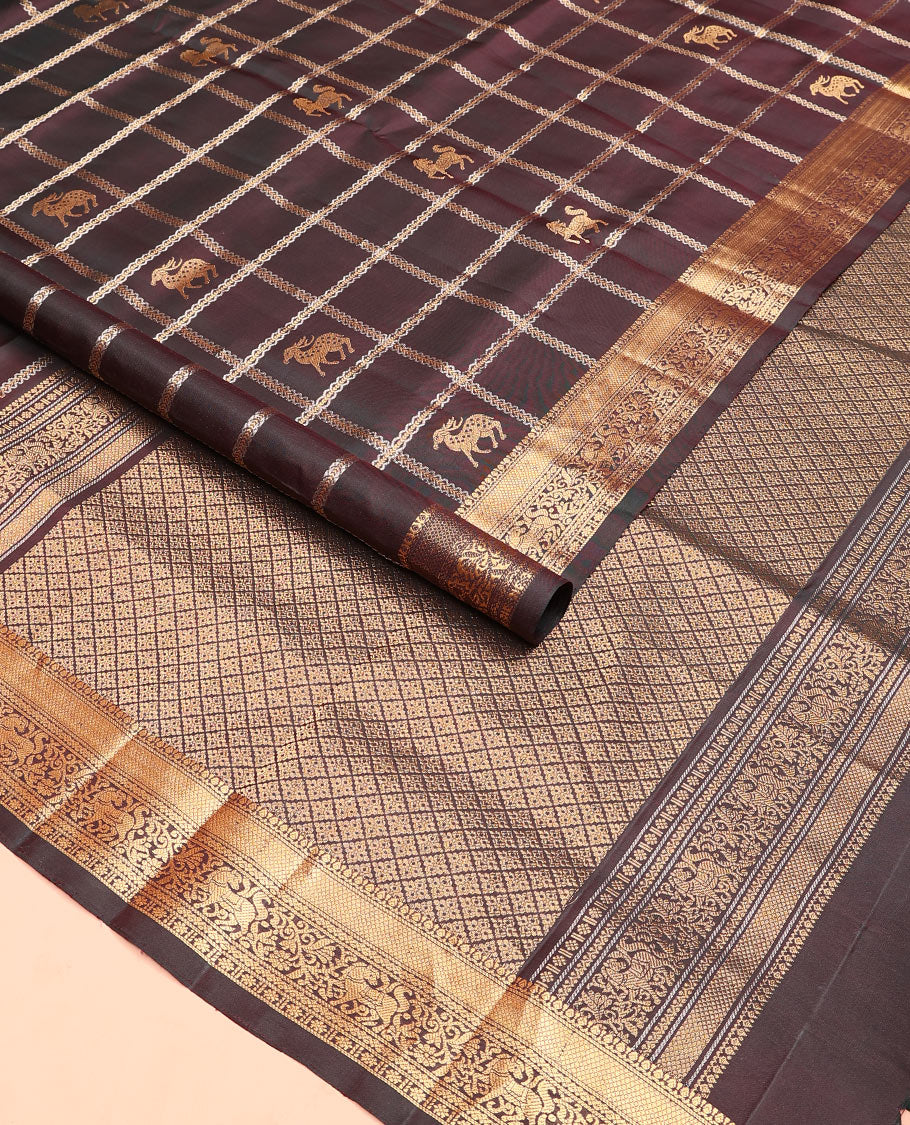 Brown maan and kuthirai butta enclosed checked soft silk saree, zari border of thilakam, mayil kann, kuthirai, and kamalam designs, and jaal pallu