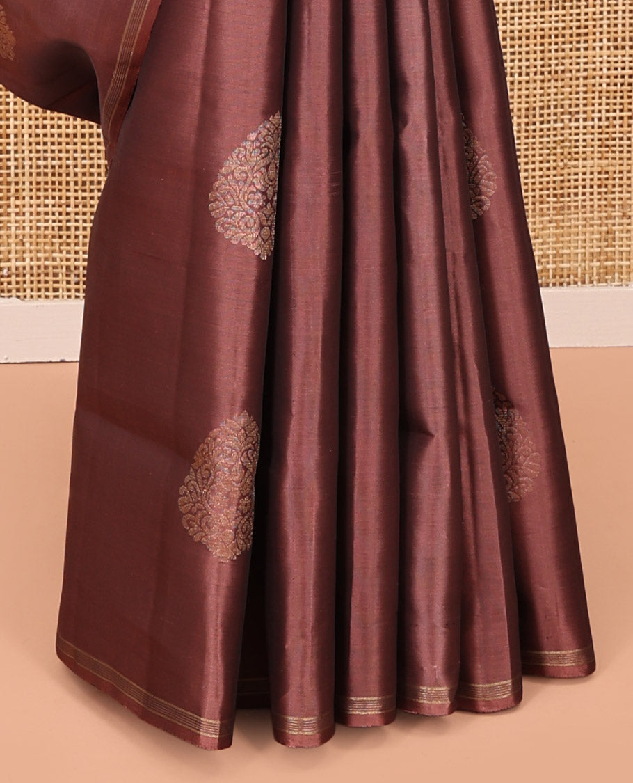 Brown Mayuri Lite Silk Mix Saree, Elegantly Framed with Zari Buttas on Its Body, Subtle Border, Pallu of Intricate Designs, and Paired with a Matching Blouse