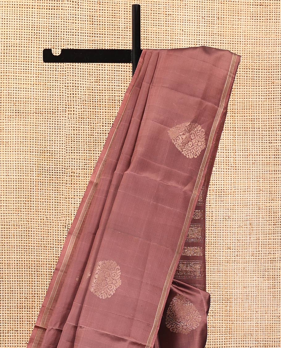 Brown Mayuri Lite Silk Mix Saree, Elegantly Framed with Zari Buttas on Its Body, Subtle Border, Pallu of Intricate Designs, and Paired with a Matching Blouse