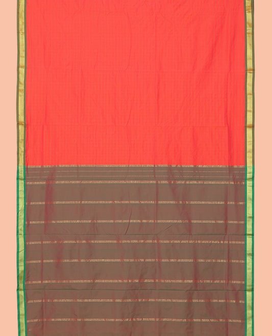 Red Checked Nine-Yard Saree, Complemented by a Contrast Zari Border, Contrast Pallu of Stripes, and No Blouse