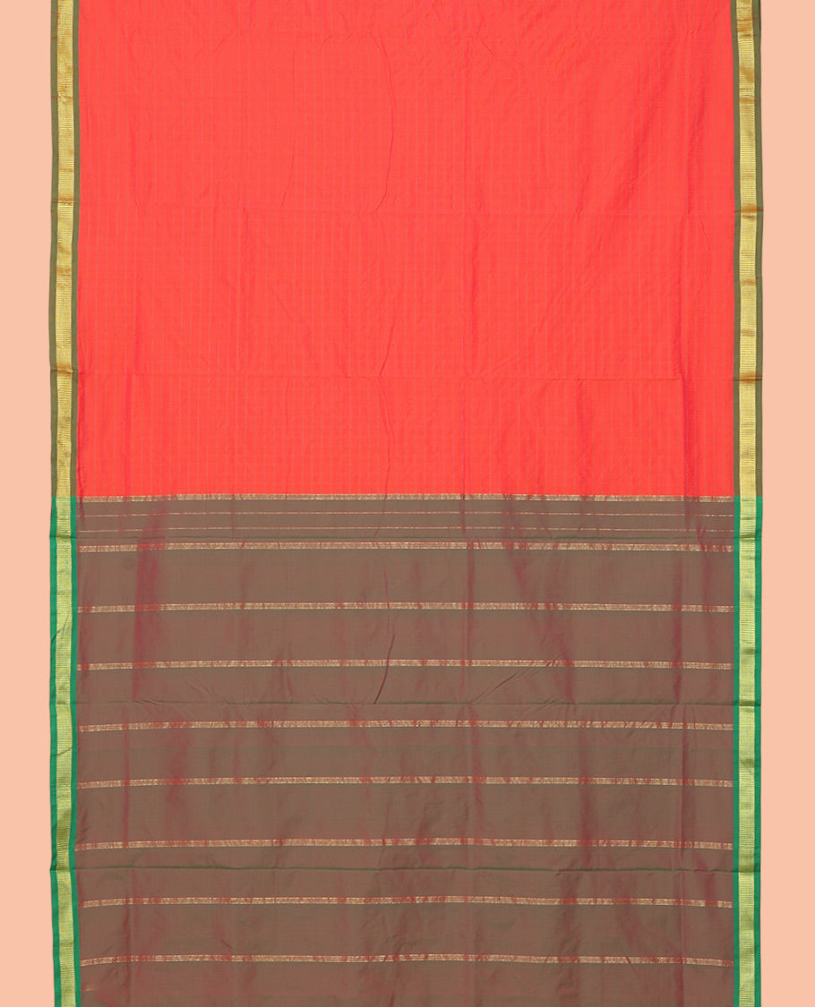 Red Checked Ten Yard Saree, Complemented by a Contrast Zari Border, Contrast Pallu of Stripes, and No Blouse