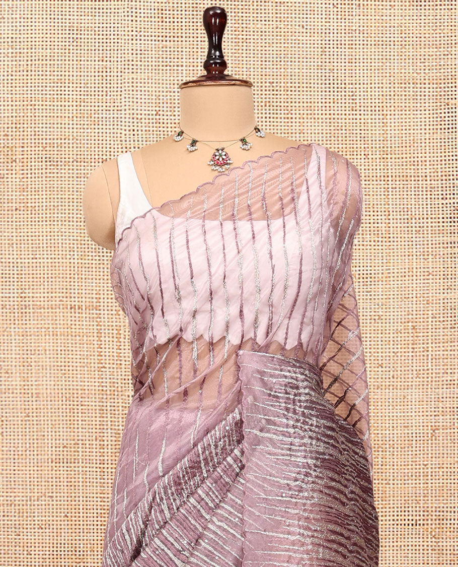 Onion Pink Organza Saree, Beautifully Bedecked with Vine Embroidery, a Scalloped Border, and a Matching Blouse