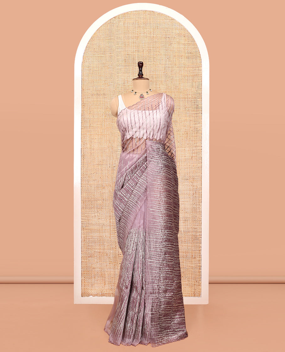 Onion Pink Organza Saree, Beautifully Bedecked with Vine Embroidery, a Scalloped Border, and a Matching Blouse
