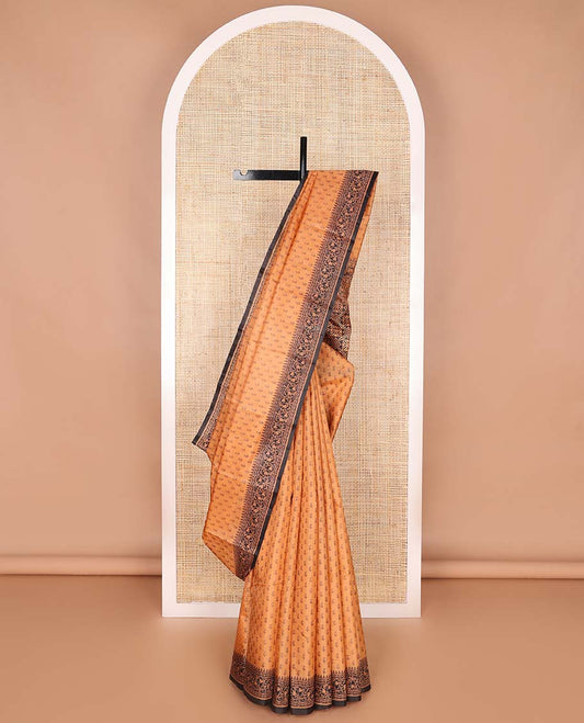 Brown paisley design printed silk saree with contrast floral design border & floral design pallu