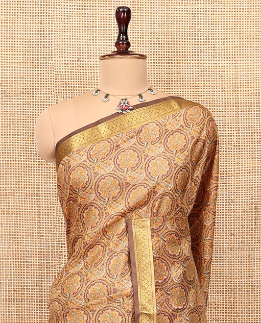 Brown Printed Silk Saree, Accentuated with Floral Jaal Prints, Highlighted by a Traditional Zari Border, Printed Pallu, and a Matching Blouse