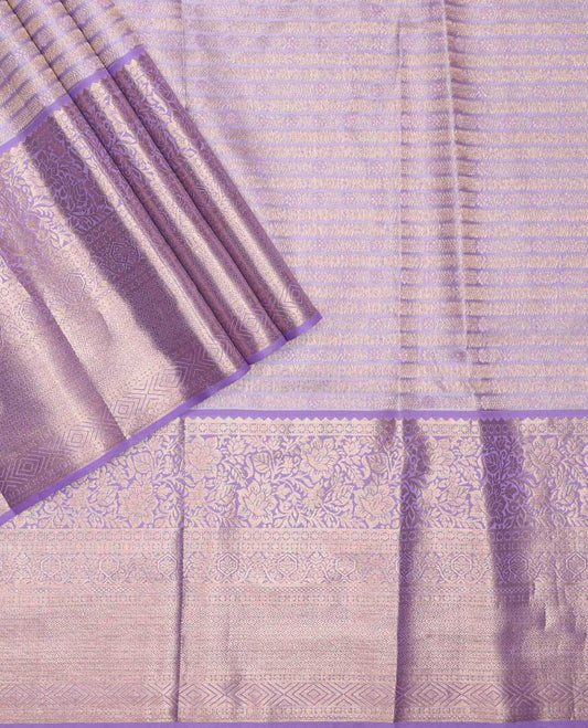 Lavender pure silk half-saree,  jacquard skirt, contrast border of rekku, paisa, floral vine, banaras, kathir, and then kuli kann, matching zari design blouse, and zari design dhavani