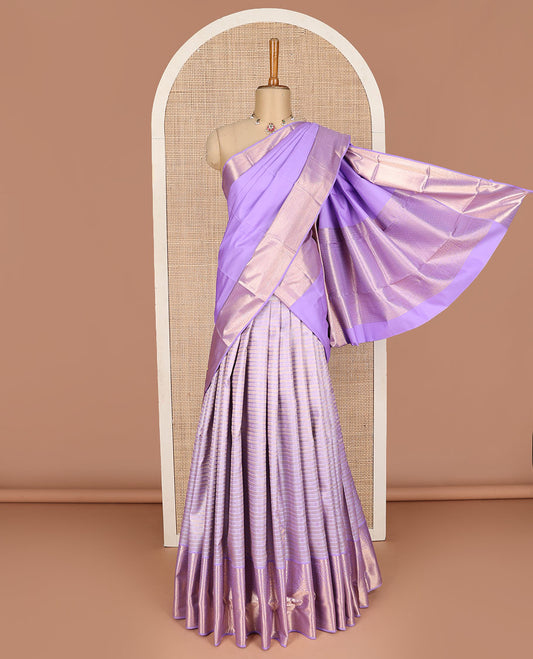 Lavender pure silk half-saree,  jacquard skirt, contrast border of rekku, paisa, floral vine, banaras, kathir, and then kuli kann, matching zari design blouse, and zari design dhavani