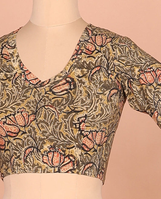 Green floral vine printed front and back leaf neck elbow sleeve cotton readymade blouse