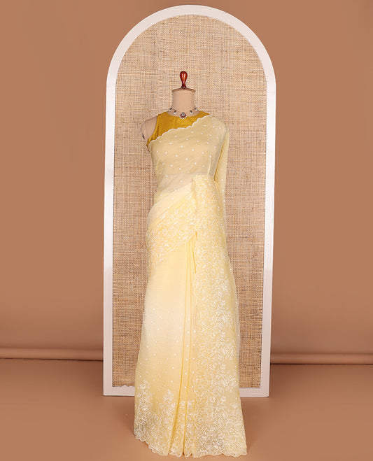 Yellow dots thread embroidered designer saree, scallop floral vine design embroidered border