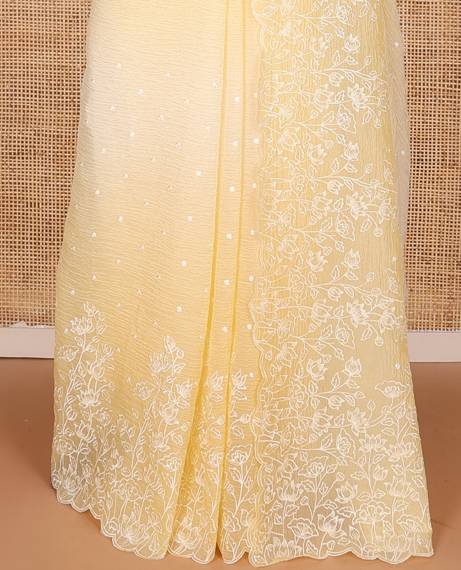 Yellow dots thread embroidered designer saree, scallop floral vine design embroidered border