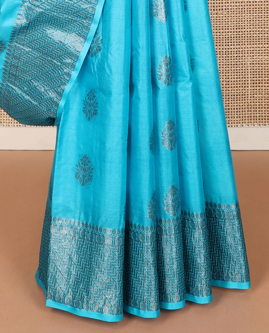 Blue zari buttas tussar saree, zari border of geometric designs & pallu of floral designs