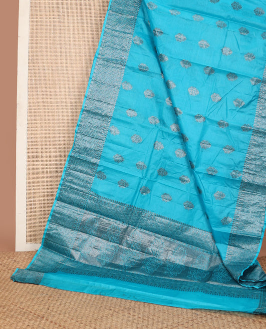 Blue zari buttas tussar saree, zari border of geometric designs & pallu of floral designs