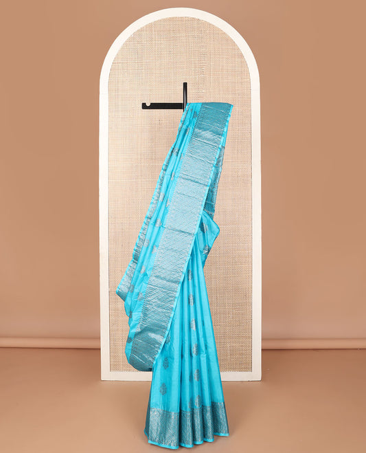 Blue zari buttas tussar saree, zari border of geometric designs & pallu of floral designs