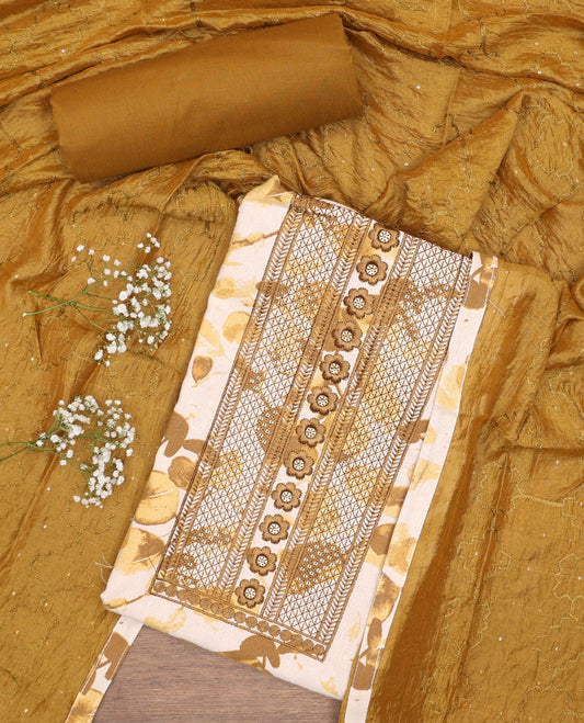 Yellow chudidhar material set, floral print & embroidery cotton top, plain bottom & floral printed chiffon dupatta